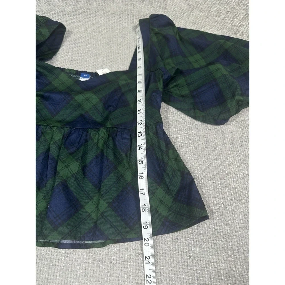 Old Navy Blackwatch Plaid Peplum Top Womens XS Short Puff Sleeve Cotton NWT